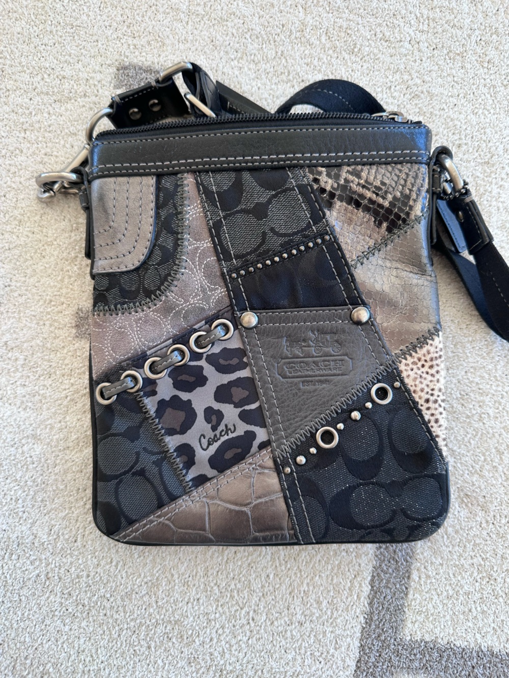 Coach Patchwork Signature & Leopard Wristlet in Black and Gray Y2K